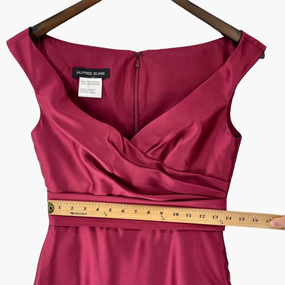 Alfred Sung Off the Shoulder Satin Maxi Dress in‎ Burgundy Red - Picture 7 of 8